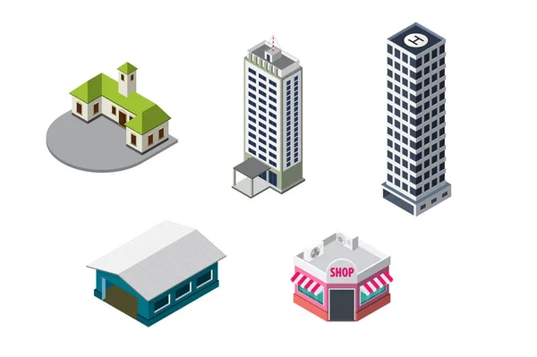 Les bâtiments publics isométriques 3D plats bloquent le concept infographique. fa — Image vectorielle