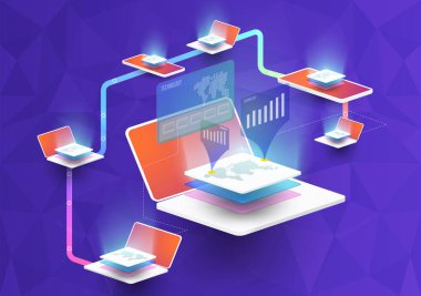 İzometrik laptop ve izometrik telefon. Akıllı Nesne ve akıllı tec