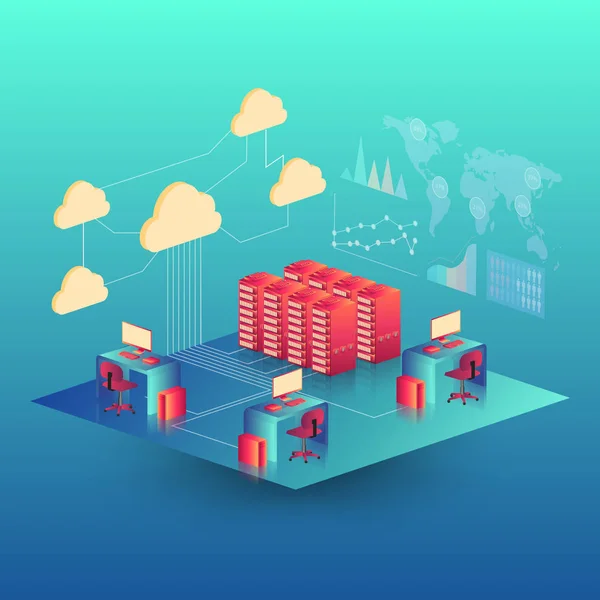 Büyük veri işleme, enerji istasyonu gelecek, veri merkezi, Cryptocurrency ve blockchain izometrik kompozisyon akıllı nesne ve akıllı teknoloji tasarım kavramı. blockchain başlangıç üzerinde çalışmak için.