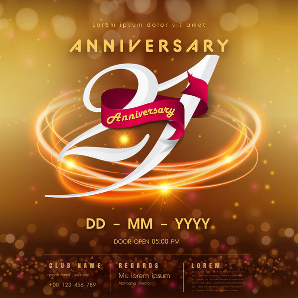 21 years anniversary logo template on golden Abstract futuristic space background. 21st modern technology design celebrating numbers with Hi-tech network digital technology concept design elements.