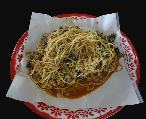 Spicy Stir Fried Spaghetti Spicy Stir Τηγανητά Σπαγγέτι Κομμένο Κοτόπουλο — Φωτογραφία Αρχείου