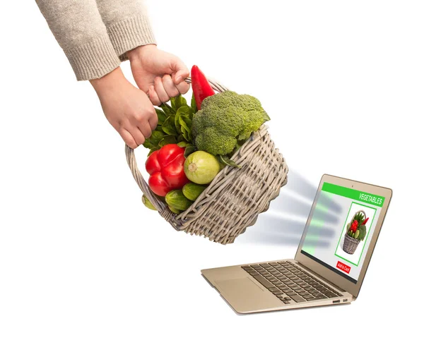 Line Shopping Concept Basket Vegetables Purchased Internet Laptop — Stock Photo, Image