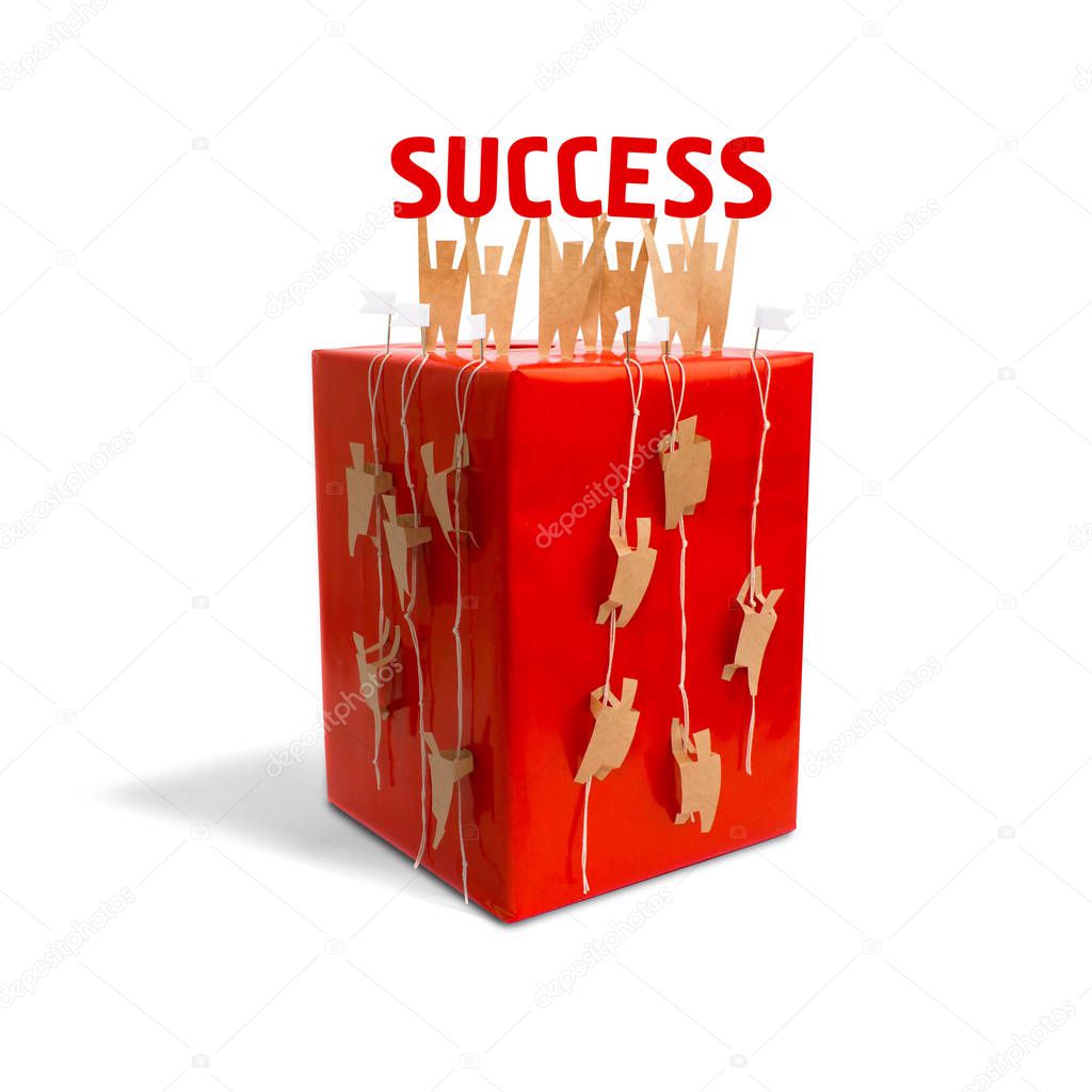 Design red cubic business success concept. People make the ascent to win.