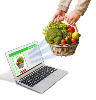 On-line Alışveriş kavramı. Internet bağlantısı, bir dizüstü bilgisayar satın sebze sepeti.