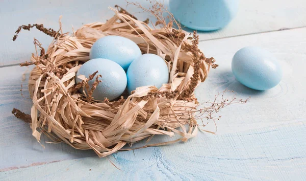 Mavi Paskalya yumurta yuvada ahşap arka plan üzerinde kuru ot ile vazo.