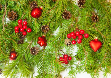 Noel veya Yeni Yıl arkaplanı: Beyaz zemin üzerinde köknar ağacı dalları, kırmızı böğürtlen, oyuncak ve koniler