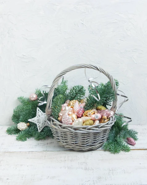 Different Bright Christmas Decorations Green Tree Branches Basket — Stock Photo, Image