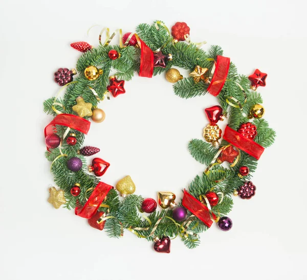 Christmas New Year Wreath Made Fir Tree Branches Toys White — Stock Photo, Image