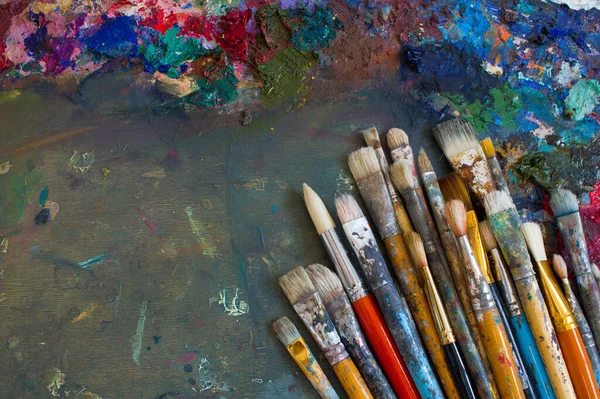 Workplace Painter Palette Colors Brushes Palette Colors Creative Disorder Art — Stock Photo, Image