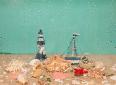 Deniz kabukları, mavi arka planda tekne.