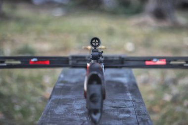 Yakın çekim tatar yayı görüntüsü, seçici odaklanma. Avlanma kavramı. Doğal ışık