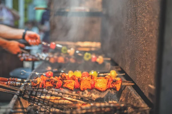 Process Cooking Meat Vegetables Grill Close — Stock Photo, Image