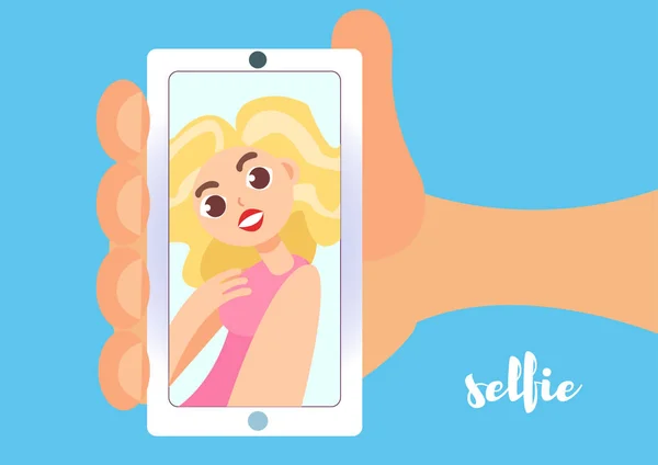 Cute blonde girl doing selfie. Flat cartoon vector illustration with lettering — Stock Vector