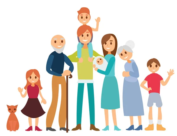 Nyolc boldog család tagjai elszigetelt fehér background halmaza. Vektor cartoon egyedülálló illusztráció — Stock Vector