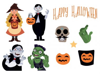 Halloween cadı, vampir ve zombi dört karakter karikatür vektör tarzı ve dekorasyon ile ayarlayın. Mutlu Cadılar Bayramı öğeleri