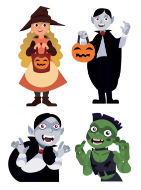 Cadılar Bayramı beyaz arka plan üzerinde izole karikatür vektör tarzı cadı, vampir ve zombi ile dört karakter ayarla.