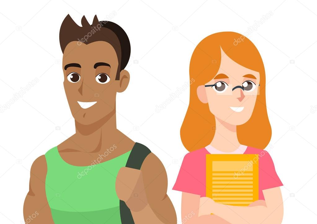 International students latinos boy and american girl isolated on the white background. Cartoon people in flat style. Internatinal students day poster.