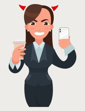 Bir fincan kahve ve smartphone ile şeytan boynuzu kadınla kızgın kızgın iş. Komik karikatür kadın düz vektör tarzı resimde. İş kadını ifade