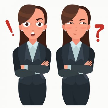 İş kadını kümesi. Ofis çalışanı ile farklı duygular. Katlanmış el duran kadın. Kız ifadeler kümesi