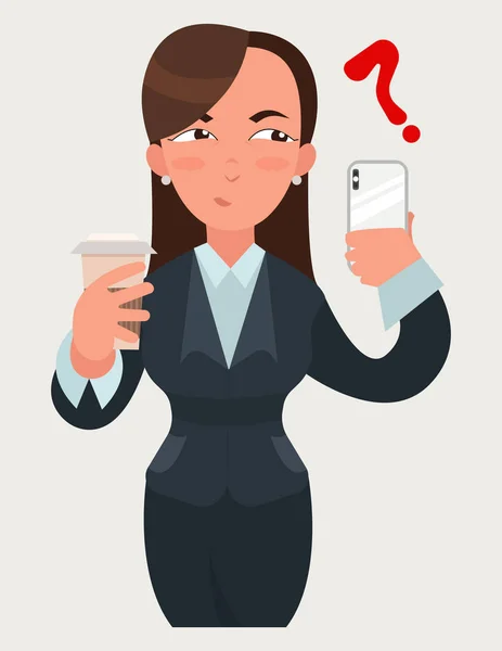 Expressões de mulheres de negócios. Mulher com um café e um smartphone. Emoção suspeita — Vetor de Stock