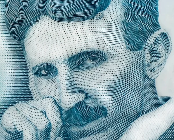 stock image World famous inventor Nikola Tesla portrait close up on Serbian banknote