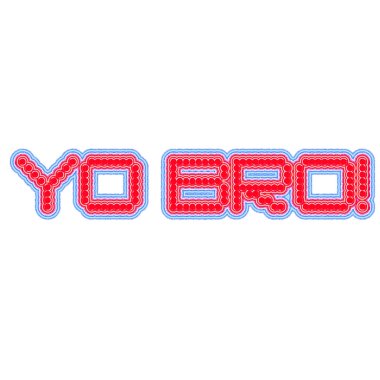 . Hey bro işareti kelime. Ünlem işareti. Beyaz arka plan üzerinde kırmızı mavi metin. Eski okul kavramı