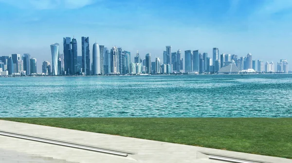 Panoramic view on financial center of Doha from West Bay. Doha is a city on the coast of the Persian Gulf, the capital and largest city of the Arab state of Qatar, Panoramic landscape