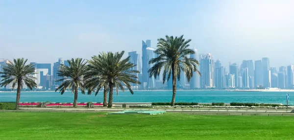 Panoramic view on financial center of Doha from West Bay. Panoramic landscape