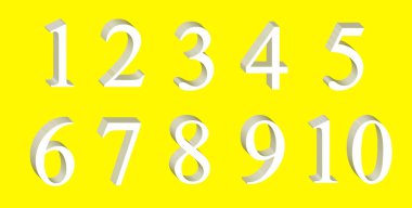 Sarı arkaplanda izole edilmiş beyaz hacim numaraları. İkonlar. Rakamlar 1 'den 10' a kadar. 3d oluşturma