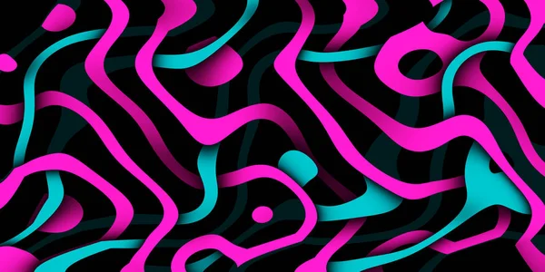 Siyah arka planda çok renkli kıvrımlı çizgiler. Parlak neon dalgalı desen. Soyut psikedelik çizim. Geniş biçim, 3d biçimlendirme