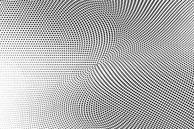 Soyut geometrik siyah-beyaz yarım ton deseni. Yumuşak dinamik çizgiler. Noktalı yarım ton kare vektör çizimi. Web tasarımı, broşürler, yazıcılar için modern polka nokta arkaplanı