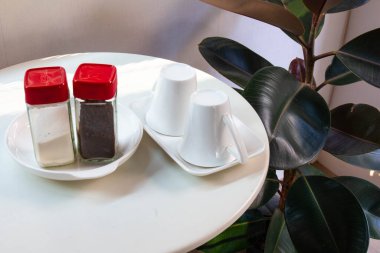 Kahve makinası, evdeki sabah kahve köşesine Hint kauçuk ağaçlarıyla süslenmiş hava temizleyici ağaçla yerleştirilmiş.