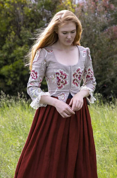 18世纪的女人 身穿绣花紧身衣 站在荒野中 — 图库照片