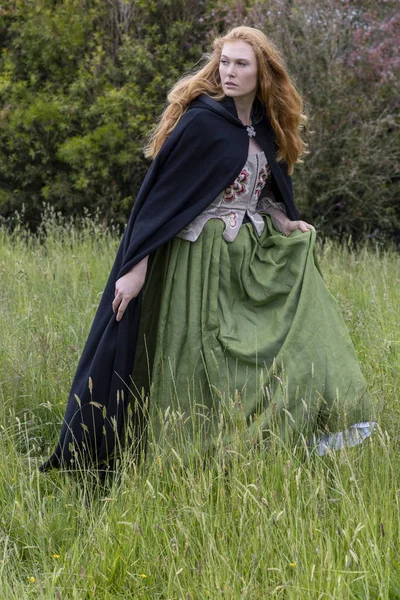 荒野に立つ18世紀の刺繍体の女性 — ストック写真