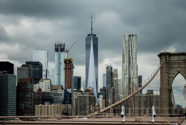 Brooklyn Bridge and Construction on the New York City Skyline.