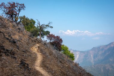 Himalaya Dağları 'nın kar tepelerinin bulunduğu bir dağın tepesindeki patika Nepal' in küçük bir ülkesinde..