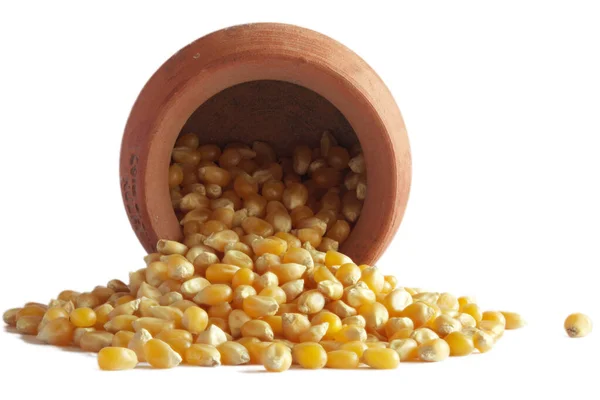 Small Clay Pot Laying Its Side Unpopped Popcorn Spilling Out — Stock Photo, Image