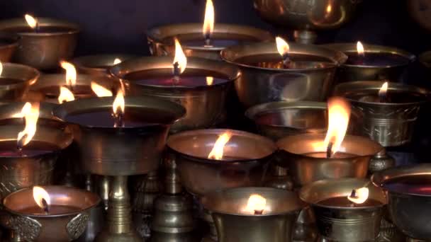 Algumas Lâmpadas Manteiga Budistas Queimando Durante Tempo Meditação Adoração Templo — Vídeo de Stock