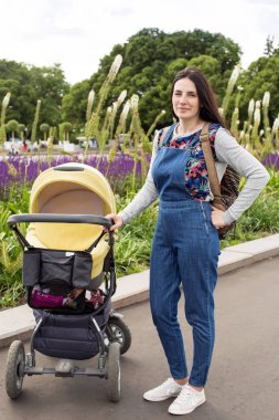 Bir bebek arabası içinde küçük bir çocukla parkta bir yürüyüş genç anne.