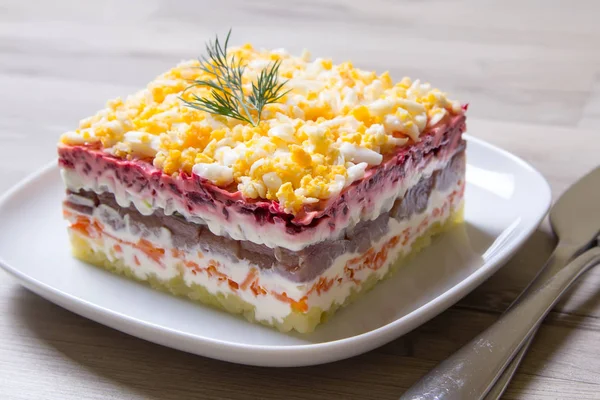 Herring under a Fur Coat. Traditional Russian multilayered salad from herring, beets, potatoes, carrots and eggs. — Stock Photo, Image