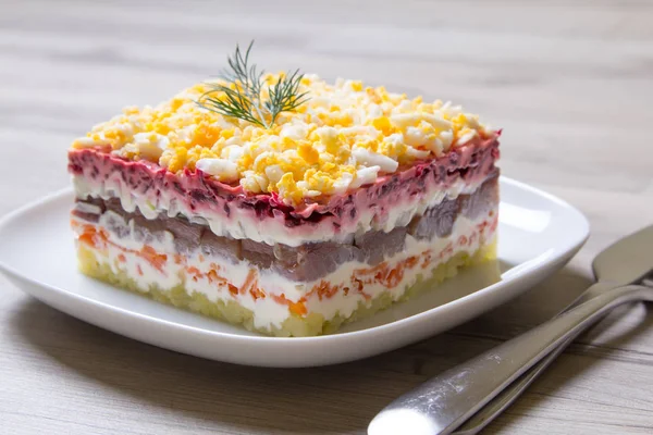 Herring under a Fur Coat. Traditional Russian multilayered salad from herring, beets, potatoes, carrots and eggs. — Stock Photo, Image