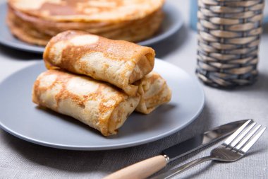 Geleneksel Rus krep etli. Shrovetide. Maslenitsa hafta. Seçici odak, yakın çekim.