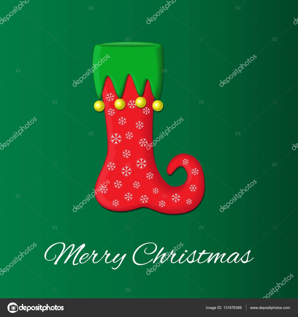 Natale o capodanno cartolina d s su tradizionali colori verde e rosso Calza di Natale o un elfo stivali in stile cartone animato Logo vettoriale disegno