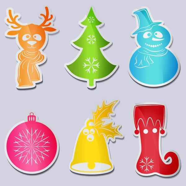 Set six icons snowman wearing scarf hat, deer head, tree, ball, bell with leaves berries holly, stocking or boot elf. — Stock Vector
