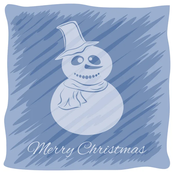 Tarjeta de felicitación de Navidad o Año Nuevo. Logotipo del vector, diseño del emblema. Rayas azules brillantes pintadas descuidadamente. Silueta transparente de un muñeco de nieve con sombrero y bufanda . — Vector de stock