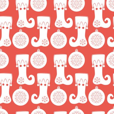 Çorap ve Noel top ile Seamless modeli. Kırmızı bir arka plan üzerinde beyaz renkli düz öğeleri. Vektör çizim.