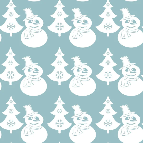 Patrón de Navidad sin costuras con muñecos de nieve y árboles. Elementos planos en color blanco sobre fondo azul. Ilustración vectorial . — Vector de stock