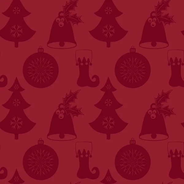 Nahtloses Muster mit Weihnachtsbaum, Glocke, Strumpf und Kugel. Flache Elemente auf rotem Hintergrund. Vektorillustration. — Stockvektor
