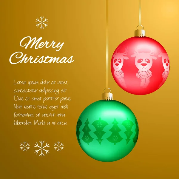 ボールの形をしたマルチカラー ペンダント付きのクリスマス カード。モミの木、雪の結晶、ディアに飾られています。あなたのための場所にクラシックなゴールドの背景は、あなたのテキストをしています。ベクトル図. — ストックベクタ