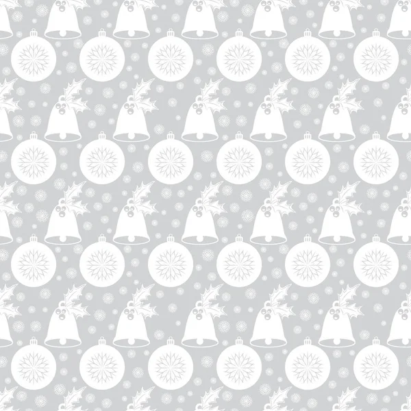 Patrón sin costuras con campana de Navidad con acebo, bolas, copos de nieve. Elementos planos blancos sobre fondo gris plateado . — Vector de stock